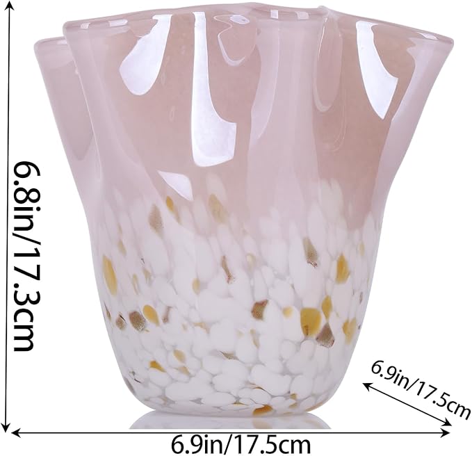 DOVDOV Hand Blown Pink Glass vase, Wave Wide Mouth vase Decoration, Unique Glass vase for Dining Room Table Centerpiece, Living Room TV Stand Decoration, Room Decoration and Office Decoration Flowers