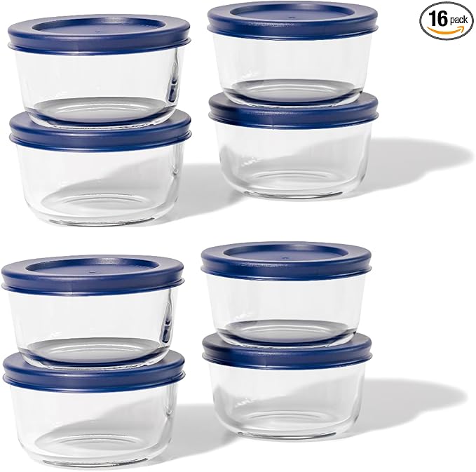 DURA LIVING 16-Piece Glass Food Storage Containers Set (8 Containers + 8 BPA-Free Lids) | 7-Ounce, Leakproof | Microwave, Freezer, Oven & Dishwasher Safe | Ideal for Meal Prep & Pantry Organization