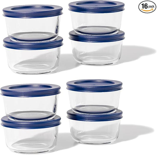 DURA LIVING 16-Piece Glass Food Storage Containers Set (8 Containers + 8 BPA-Free Lids) | 7-Ounce, Leakproof | Microwave, Freezer, Oven & Dishwasher Safe | Ideal for Meal Prep & Pantry Organization