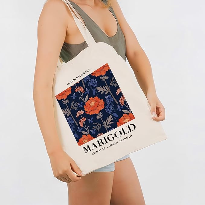 Flower Canvas Tote Bag, October Marigold Reusable Shoulder Bags, Christmas Gifts to Sister and Friends, Holiday Gift Bags for Wrap Storage, Casual Canvas Totes for Work Traveling