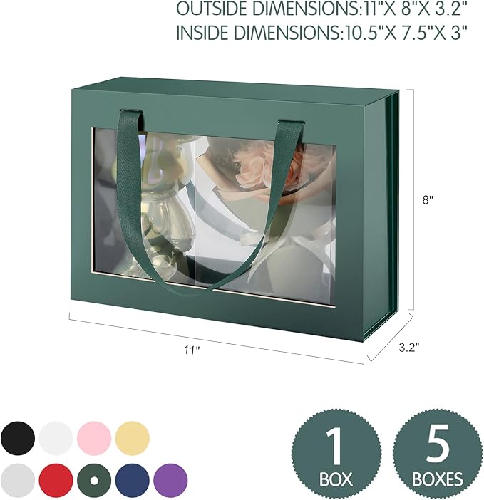 JINGUAN 5 Green Gift Boxes with Windows, Lids, and Handles - Clear Magnetic Gift Boxes for Presents - Size: 10.5x7.5x3 Inches