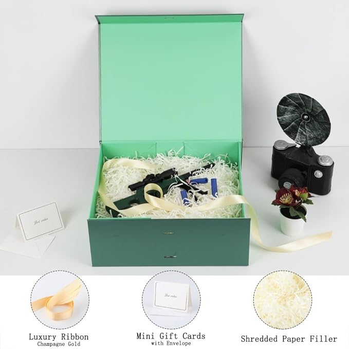 Skivra Green Large Collapsible Gift Box with Lid - Magnetic Closure, Rectangle, 13x11x5.3 Inch, Includes Crinkle Cut Paper Shred & Card