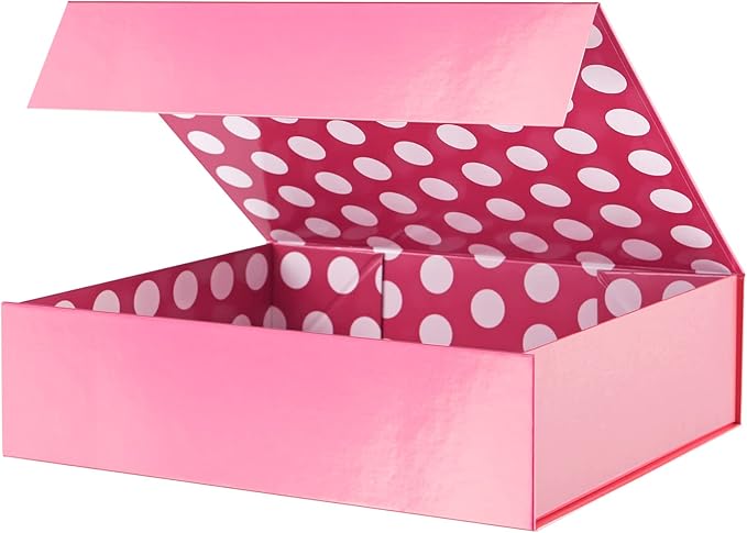 GREEN BEAN Gift Box 13x9.7x3.4 Inches, Large Pink Gift Box with Lid for Presents, Magnetic Gifts Box for Clothes, Shirt, Christmas (Glossy Metallic Pink, Dot Design Inside)