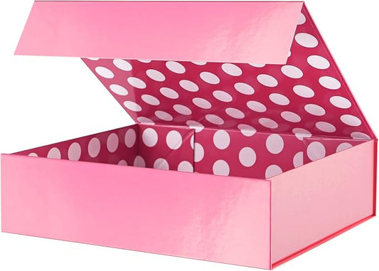 GREEN BEAN Gift Box 13x9.7x3.4 Inches, Large Pink Gift Box with Lid for Presents, Magnetic Gifts Box for Clothes, Shirt, Christmas (Glossy Metallic Pink, Dot Design Inside)