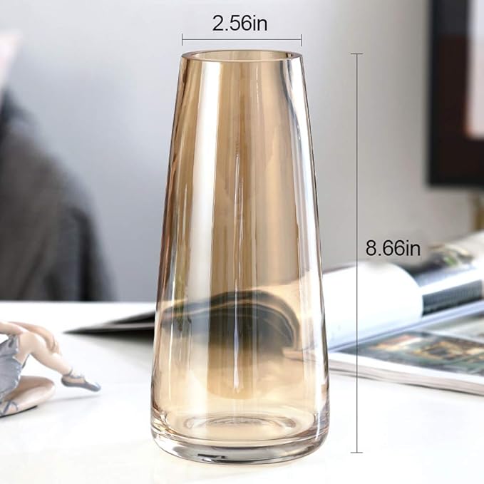 Aoderun Glass Vase for Flowers Modern Vases Home Decor Unique Flower Vase for Bouquet 8.7" Centerpiece Vase Decor Room,Bedroom,Living Room,Library,Office,Table,Entryway,Modern Farmhouse(Amber)