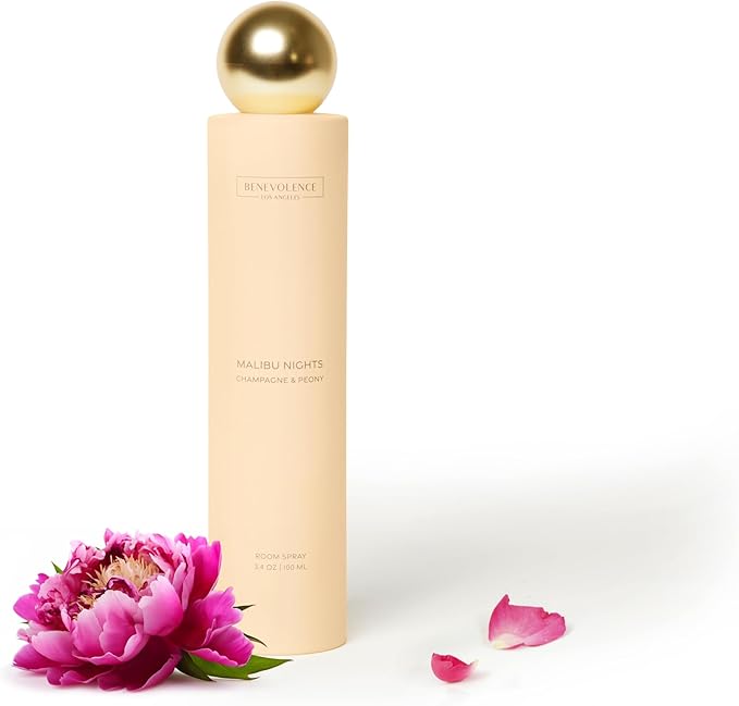 Champagne & Peony Room Spray | Benevolence LA Malibu Nights | 3.4oz | Home, Pillow & Linen Fragrance Spray | Low VOC, No Alcohol | Holiday & Christmas Gift for Her | Malibu Sands Collection
