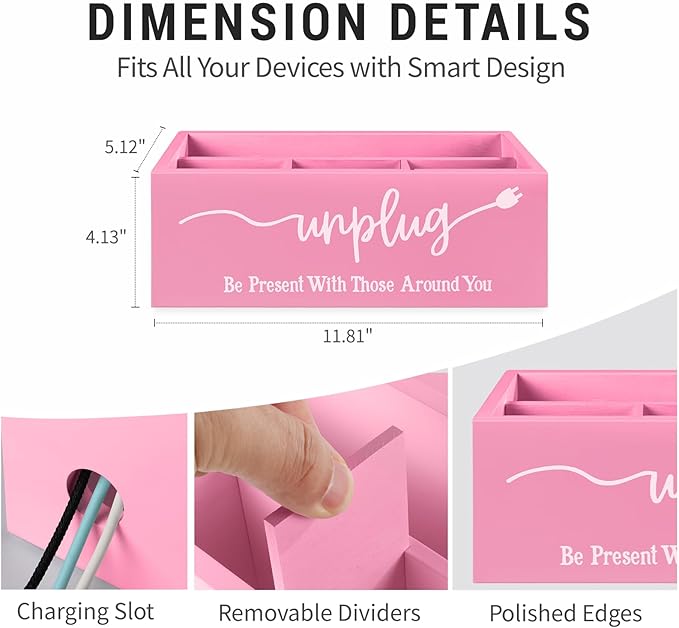 Bamboo Wood Phone Box – Unplug from Phones, Tablets, and Electronics for Study, Meetings, and Family Time, Phone Holder Organizer with Charging Holes, Farmhouse Style, Holds Up to 18 Phones-Pink