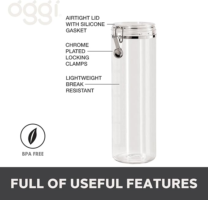 Oggi Tall Clear Canister with Clamp Lid, 58 oz - Large Airtight Food Storage Container, Ideal for Kitchen & Pantry Storage of Bulk, Dry Foods Including Pasta & Spaghetti