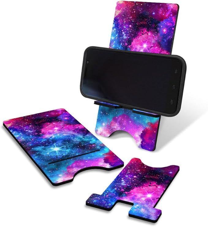 FINCIBO Cell Phone Stand Holder for Desk, Charging Stand for All Smartphones, Office Desktop Accessories Compatible with iPhone 15 14 13, Android Smartphones - Celestial Blue Purple Galaxy