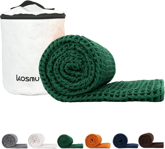 Luxury Japanese Cotton Waffle Bath Towel | Plush, Absorbent, and Quick Dry | Free Storage Bag Included (Forest Green, Bath Towel, 55" x 34")