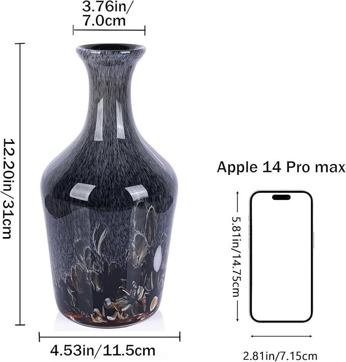 12.2" Tall Hand Blown Glass Vase – Pretty Grey Decorative Flower Vase, Modern Vintage Fusion Home Decor, Colorful Murano Glass Vases for Table Centerpieces, Living Room, Bathroom, Entry Table