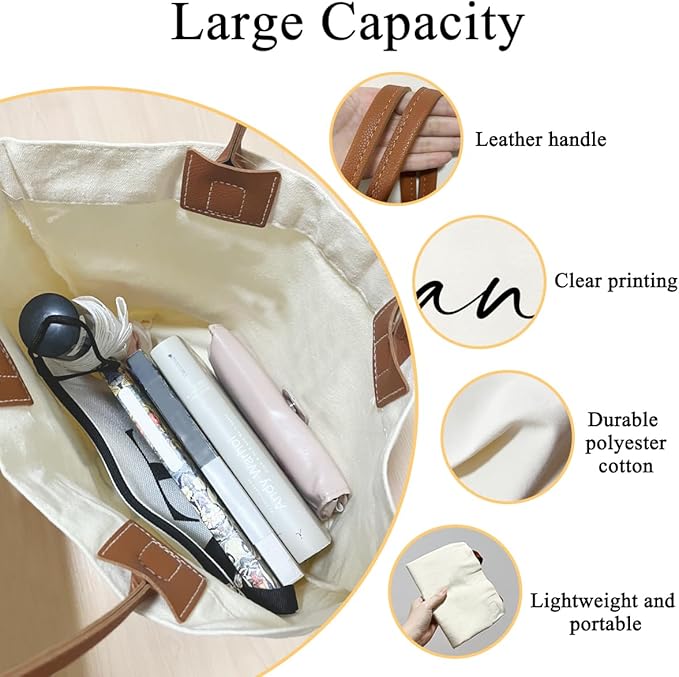 Canvas Tote Bag for Women, Birthday Gifts, Aesthetic Reusable Grocery Shopping Bags With Leather Handles