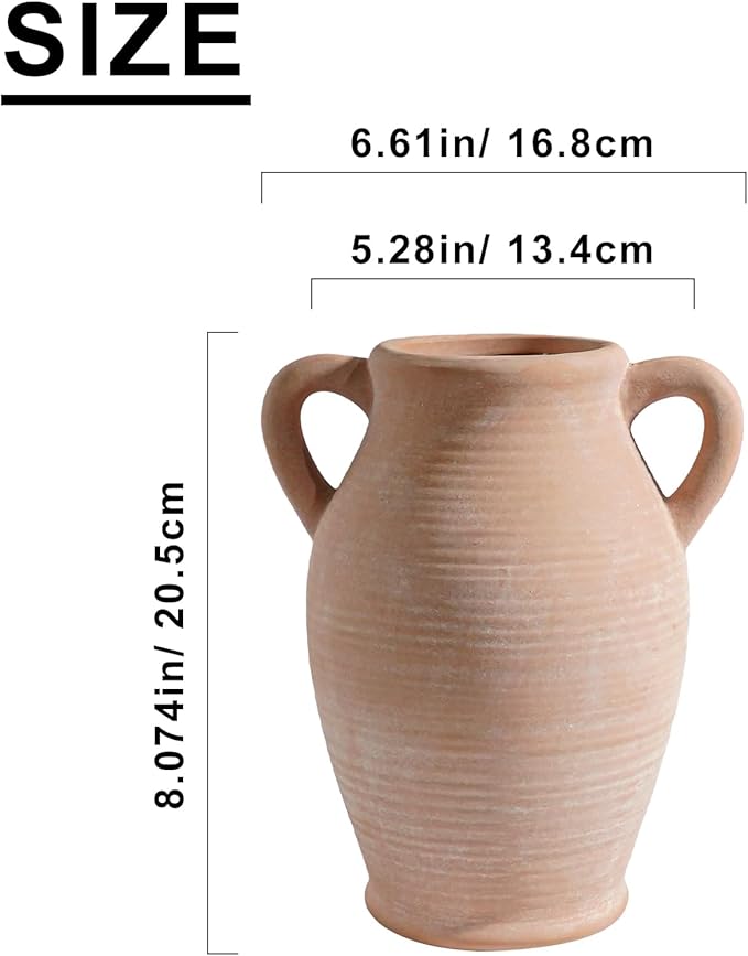 Sunddo Terracotta Vase with 2 Handles, 8 inch Rustic Ceramic Vase, Farmhouse Decor, Table Living Room Bedroom Fireplace Decor