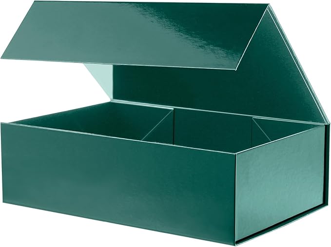 Large Gift Box with Lid 13.5x9x4.1 Inches, Green Groomsman Proposal Gift Box with Magnetic Closure for All Occasion (Glossy Green)