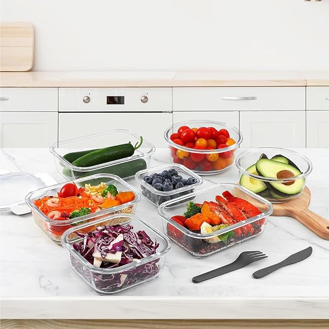 VERONES 12 Packs Glass Food Storage Containers Set, Airtight Glass Lunch Containers, Glass Meal Prep Containers with Lids,Exclusive of BPA, for Microwave, Oven, Freezer & Dishwasher Friendly,White