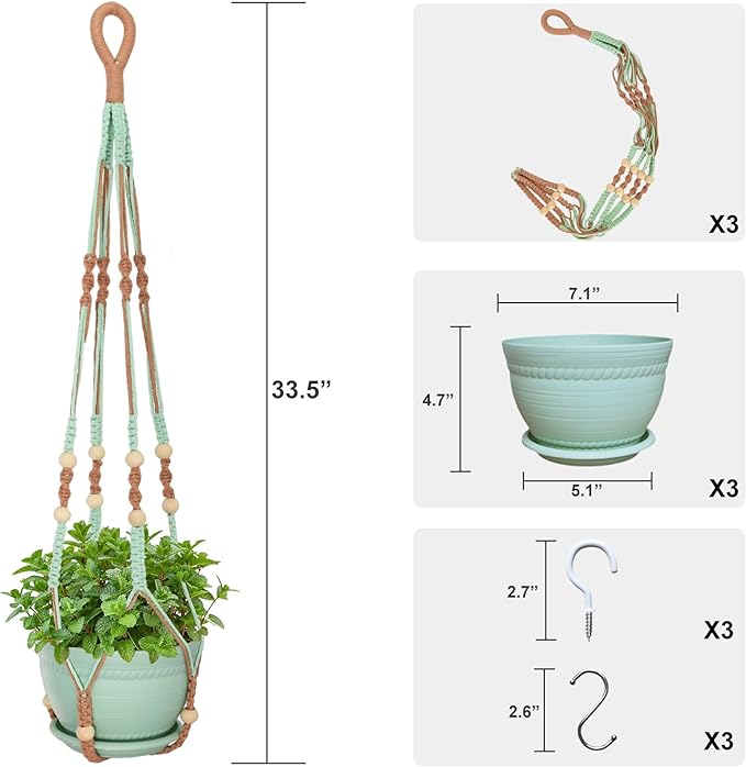 Macrame Plant Hanger with Pot, 3 Set Hanging Planters for Indoor Plants, Handmade Cotton Rope Boho Home Decor, Idea Gift for Anyone, Includes Plant Holders, Pots, Plates and Hooks (Mixed Color-1)