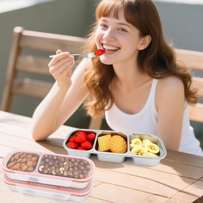 3 Pack Stainless Steel Snack Containers with Lids, 2/3 Compartment Reusable Snackle Box Container, Metal Food Storage Containers Lunch Box Bento Box for Work, Home, Travel