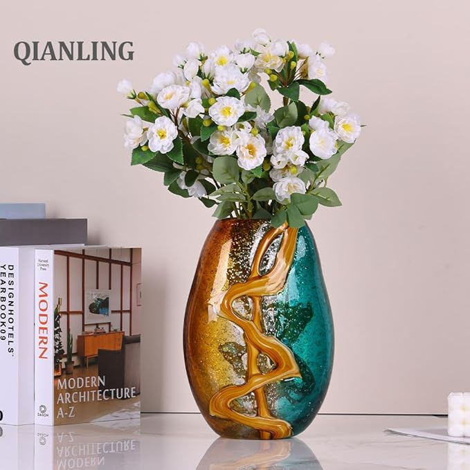 9" Tall Handcrafted Glass Vase with Amber and Turquoise Colors - Artistic Decorative Flower Vase for Home Decor, Modern Art Piece for Living Room, Dining Table, Kitchen, Office, Desk, Bedroom Decor
