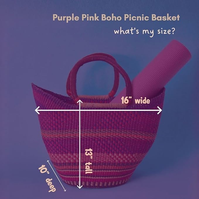 Purple Pink Picnic Basket, Reusable Grocery Bag, Kitchen & Dining Storage, Countertop Fruits Holder, Farmers Market, Beach, Harvesting, Foraging, Decorative, Wicker, Woven, Boho Style