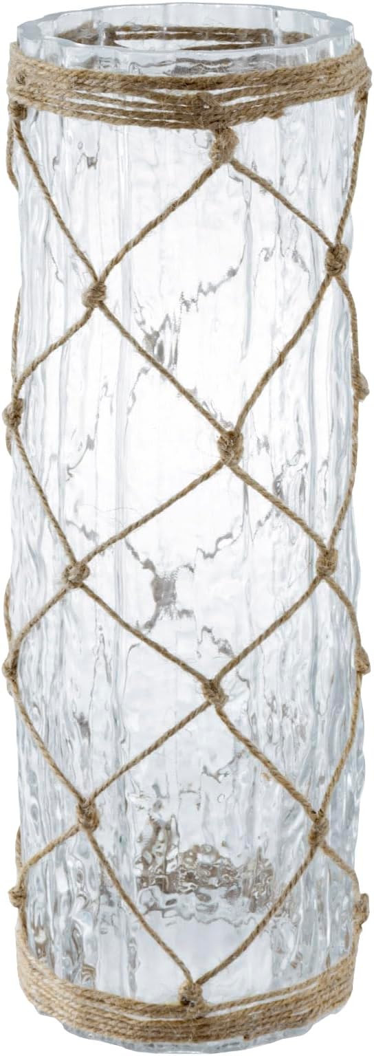 MyGift Rustic Clear Glass Vase with Hand-Woven Hemp Rope Wrap – Decorative Tabletop Flower Vase for Farmhouse, Boho, or Coastal Home Decor