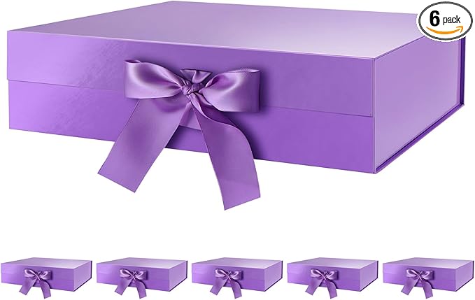 GREEN BEAN Purple Magnetic Gift Boxes with Ribbon, 6 Pack, 13x9.7x3.4 Inches, Luxury Gift Boxes for Presents, Bridesmaid Proposal Boxes, Birthdays, Weddings, Baby Showers
