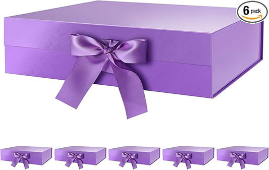 GREEN BEAN Purple Magnetic Gift Boxes with Ribbon, 6 Pack, 13x9.7x3.4 Inches, Luxury Gift Boxes for Presents, Bridesmaid Proposal Boxes, Birthdays, Weddings, Baby Showers