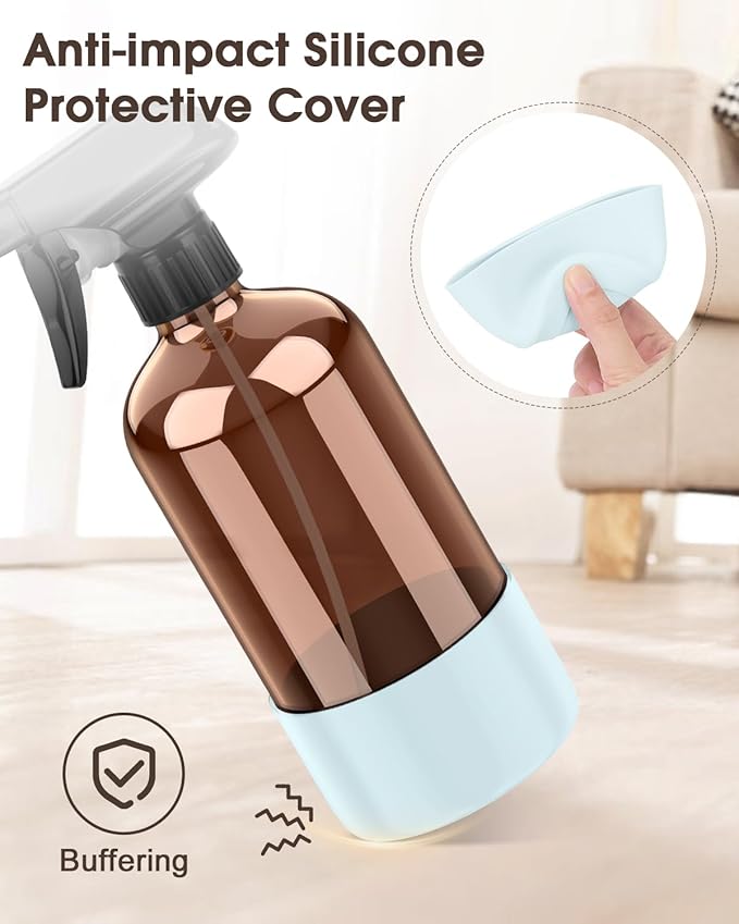 Glass Spray Bottle with Silicone Sleeve Protection, Amber Glass Spray Bottle Set for Window Cleaner Aromatherapy Facial Hydration Watering Flowers Hair Care 2 Pack/16 oz (Black & Blue, 16 oz)