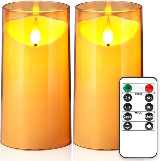 NURADA Flameless Candles with Remote Timer: 3D Wick Battery Operated Led Pillar Acrylic Fake Candle Set for Home Decoration Romantic Ambiance - Gold 2 Pack