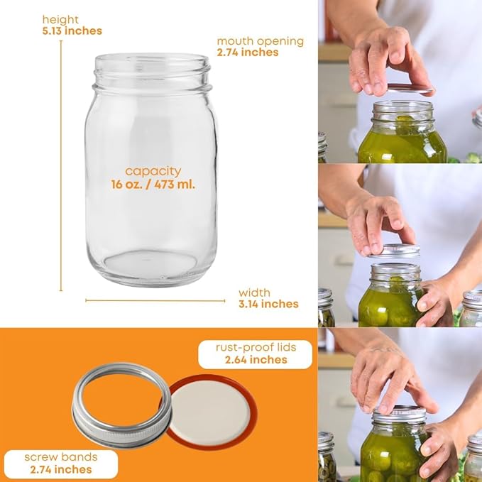 FastRack 16 oz Regular Mason Jars (Pack of 12) with 12 Lids & 1 Black Mason Jar Gripper | Glass Jars with Airtight Lids | Large Mouth Glass Jar for Food Storage, Canning, Fermentation, Pickling