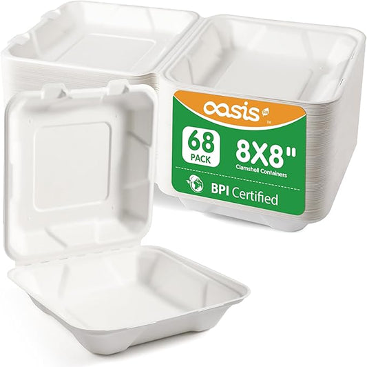 𝟴𝘅𝟴", 𝟲𝟴-𝗣𝗮𝗰𝗸 Disposable Clamshell Take Out Food Containers, Biodegradable Paper To Go Boxes for Burgers, Sandwiches, Fries & More (White)