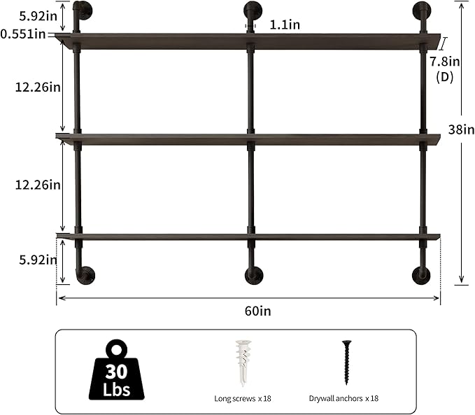 3-Tier Industrial Pipe Floating Shelf – Rustic 60 inch Wood Wall-Mounted Storage Shelf for Kitchen Office,Bathroom & Home Decor -Black
