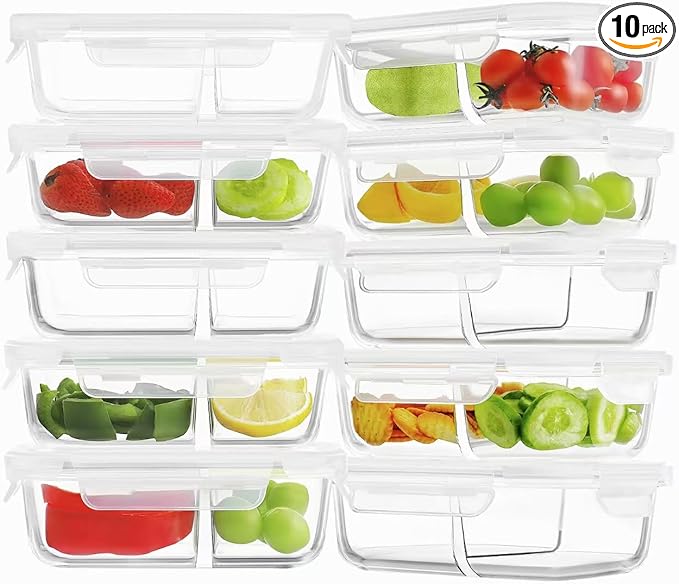 HOMBERKING 10 Pack 24oz Glass Meal Prep Containers 2 Compartment, Food Storage Containers with Lids, Airtight Lunch Bento Boxes (10 lids & 10 Containers) - White