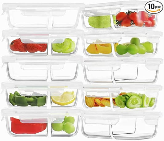 HOMBERKING 10 Pack 24oz Glass Meal Prep Containers 2 Compartment, Food Storage Containers with Lids, Airtight Lunch Bento Boxes (10 lids & 10 Containers) - White