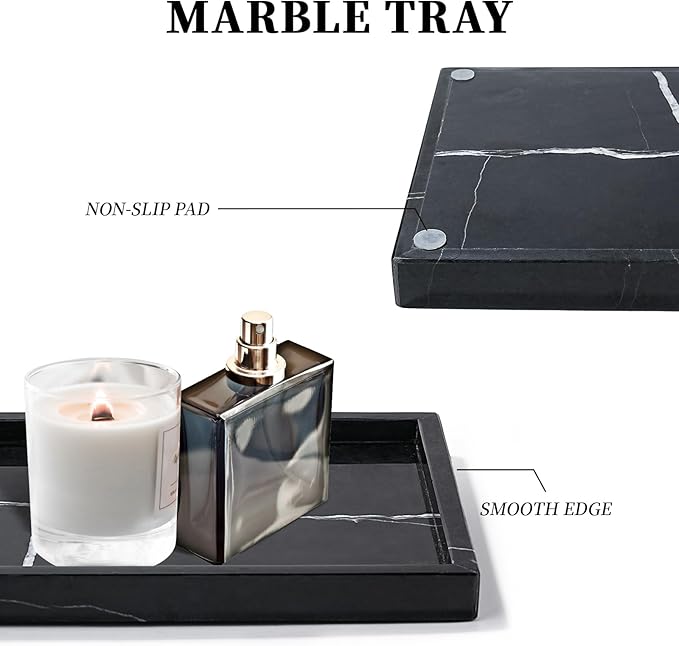 Amauto Natural Marble Vanity Tray Genuine Stone Storage Perfumes Tray Real Luxurious for Home Decor Bathroom/Vanity/Dresser Non-Resin/Non-Ceramic (Black)