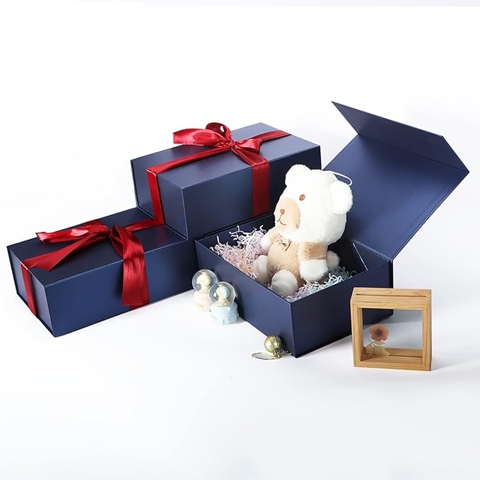 4 Pack 12x8x4 Inches Gift Boxes with Magnetic Closure Lids, Blue Magnetic Box for Wedding, Groomsmen Bridesmaid Proposal, Birthdays, Mother's Day