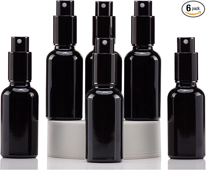 YIZHAO Black Glass Spray Bottles 1oz, with Small Fine Mist Spray, Metal Cap, Refillable for Essential Oil,Travel,Cleaning,Perfume,Aromatherapy,Makeup – 6 Pcs