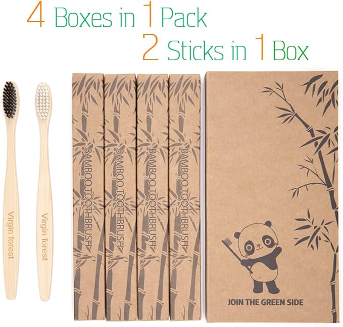 Virgin Forest Bamboo Toothbrushes, 8 Pcs Soft Bristle Eco-Friendly Biodegradable Toothbrushes
