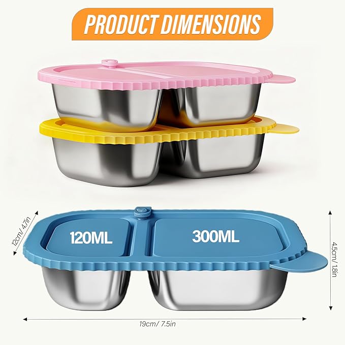 3 Pack Stainless Steel Snack Containers, Reusable Snack Containers with Lids, 2 Compartment Food Storage Containers, Lunchable Container for Kids, Office, Travel, Picnic