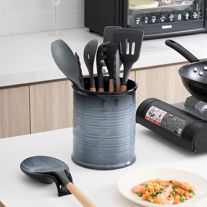 Nihow Kitchen Utensil Holder: 7.2 Inch Extra Large Ceramic Utensil Holder for Countertop - Stable Utensil Crock for Kitchen Counter Decor - Elegant Gray (1PC)