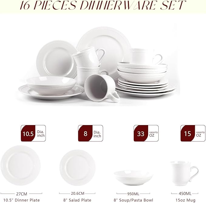 Pearl Dots Stoneware Dinnerware Set (16pc Set, White)