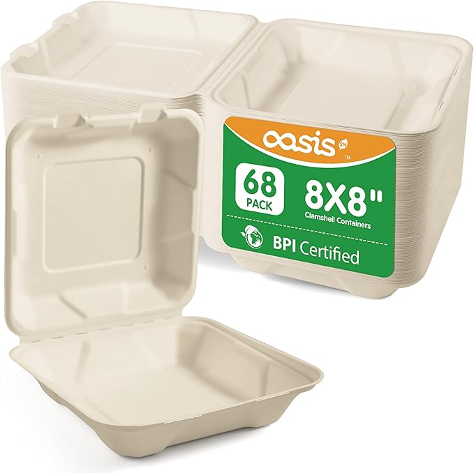𝟴𝘅𝟴", 𝟲𝟴-𝗣𝗮𝗰𝗸 Disposable Clamshell Take Out Food Containers, Biodegradable Paper To Go Boxes for Burgers, Sandwiches, Fries & More (Natural)