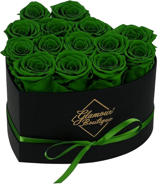 GLAMOUR BOUTIQUE 16 Flower Forever Heart Shape Box - Preserved Roses Gift for Her, Preserved Flowers, Green