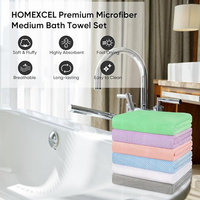 HOMEXCEL 6 Pack Bath Towel Set, (24 x 48 Inches) Microfiber Ultra Soft Highly Absorbent Bath Towels, Lightweight and Quick Drying Towels for Hotel, Bathroom, Spa and Beauty Parlor, Multicolor