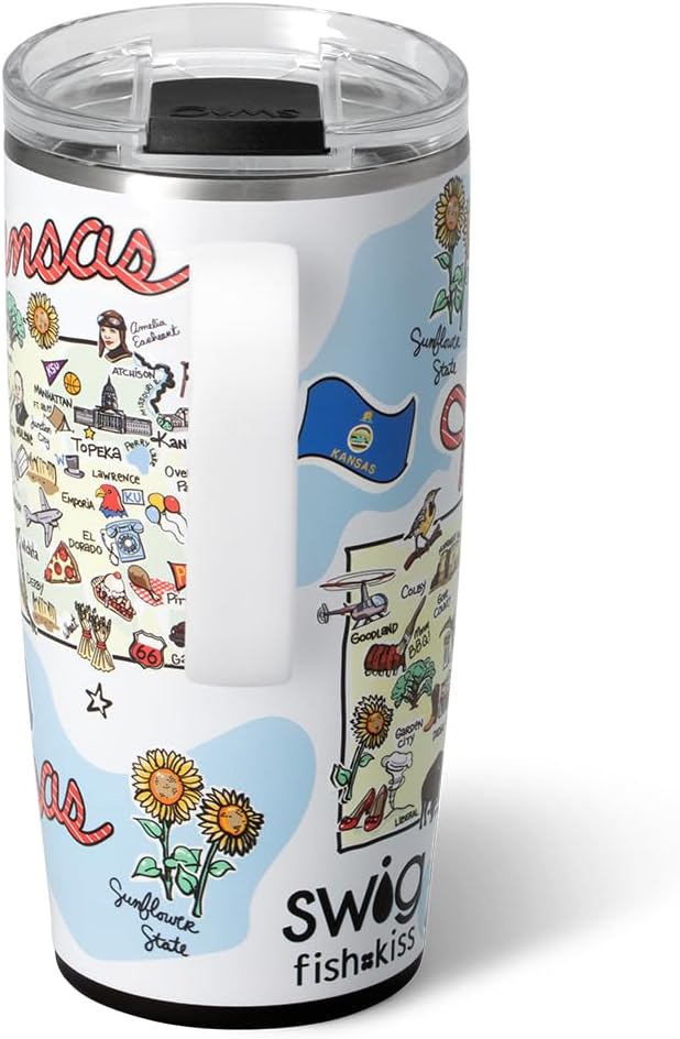 Swig Life 22oz Travel Mug, Insulated Tumbler with Handle and Lid, Travel Coffee Mug, Cup Holder Friendly, Stainless Steel 22 oz Tumbler, Reusable Insulated with Lid (Kansas)