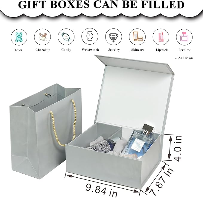 Elegant Gift Boxes with Gift Bag for Presents with Lids Magnetic Closure Rectangle Collapsible for Christmas, Halloween, Birthday,Valentine's Day's Gift Packging (Silver)