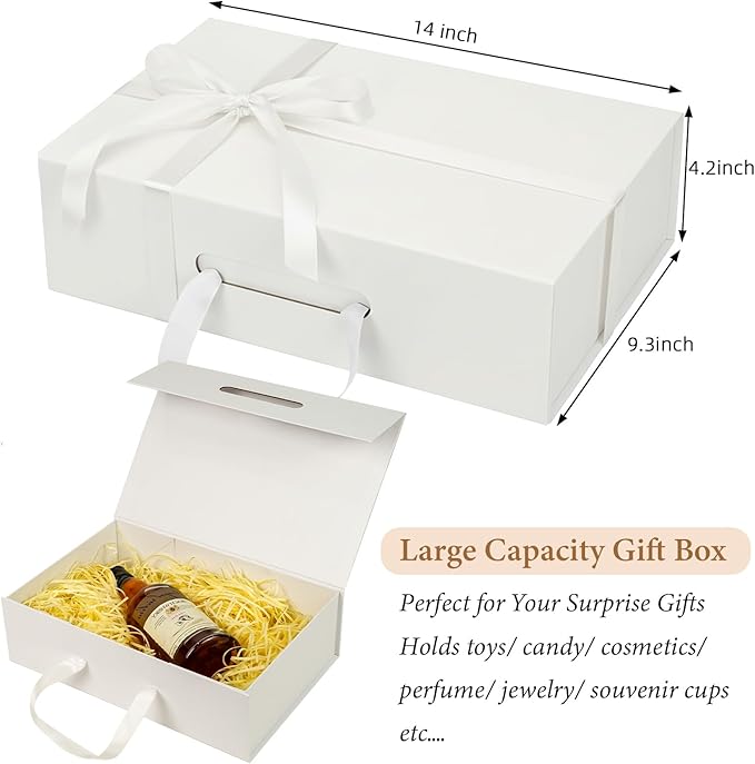 White Gift Box 14"x9.3"x4.2" Large Magnetic Gift Boxes with Lids for Presents Include Ribbon, Envelop Card for Bridesmaid Proposal Box, Birthday, Graduation, Christmas,Wedding Gifts Packging