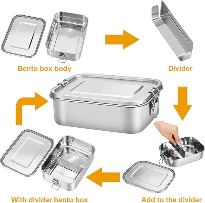 G.a HOMEFAVOR Stainless Steel Bento Lunch Box - Leak-Proof Metal Bento Box, Large Food Container with Lock Clips, Snack Container, Dishwasher Safe, 2 Compartments, 1200 ml/40 oz