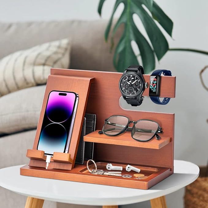 Wood Phone Docking Station - Gifts for Men Desk or Nightstand Organizer - Birthday Gifts for Husband, Fathers Day for Dad - Anniversary Idea from Wife - Key Holder, Stand Wallet, Watch & Essentials