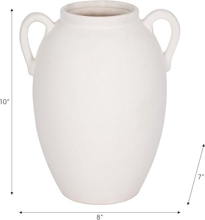 Sagebrook Home Stoneware Vase with Handles - Textured Decorative Pottery for Home & Office - Modern Rustic Accent for Living Room, Bedroom, or Table Centerpiece - 10" White