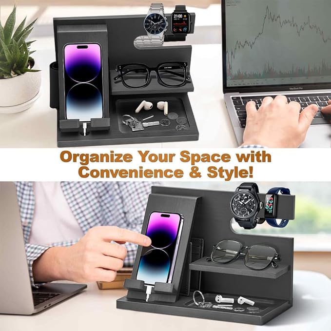 Wood Phone Docking Station - Gifts for Men Desk or Nightstand Organizer - Birthday Gifts for Husband, Fathers Day for Dad - Anniversary Idea from Wife - Key Holder, Stand Wallet, Watch & Essentials
